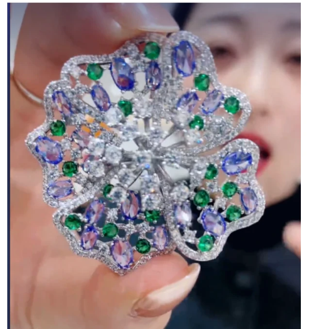 kasiya/卡思雅 铜合金仿水晶胸针 精致时尚紫绿花朵胸针百搭