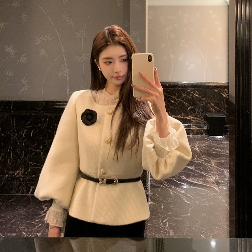 佐佐家小个子 富家千金法式毛呢小香风外套女冬季灯笼袖收腰上衣