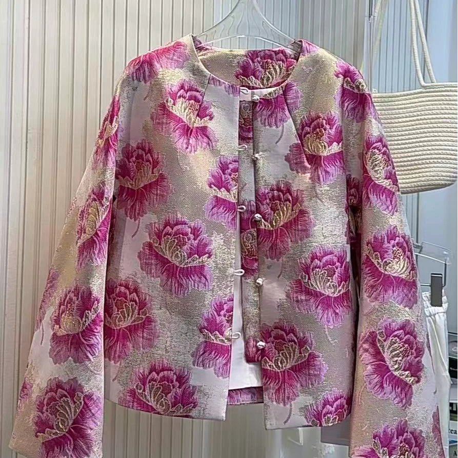 【玫花叙】秋季新款国风新中式玫粉色牡丹花提花织锦插肩袖外套女