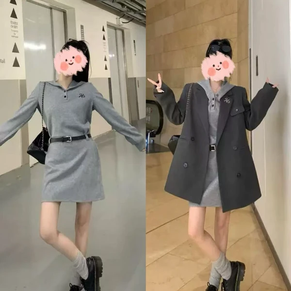 【无运费险】春季新款大码女装宽松简约连帽卫衣裙西装外套