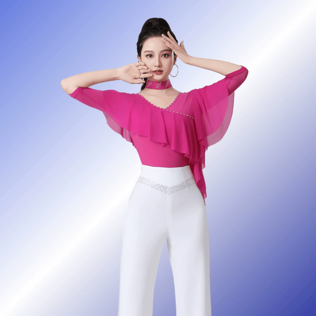 连裆新款斜边舞服装女交谊舞演出服三步踩夏镶钻广场舞上衣跳舞衣