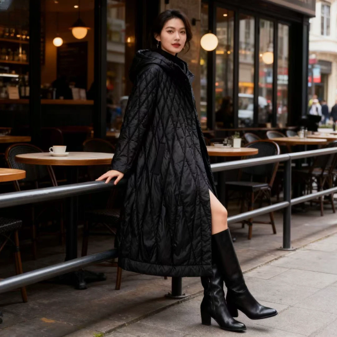 冬季新连帽长款鹅绒服女高级感复古风保暖羽绒外套987（ZZ）