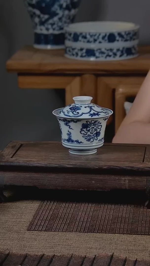 盖碗折葵非器手工手绘双狮滚绣球两才盖碗