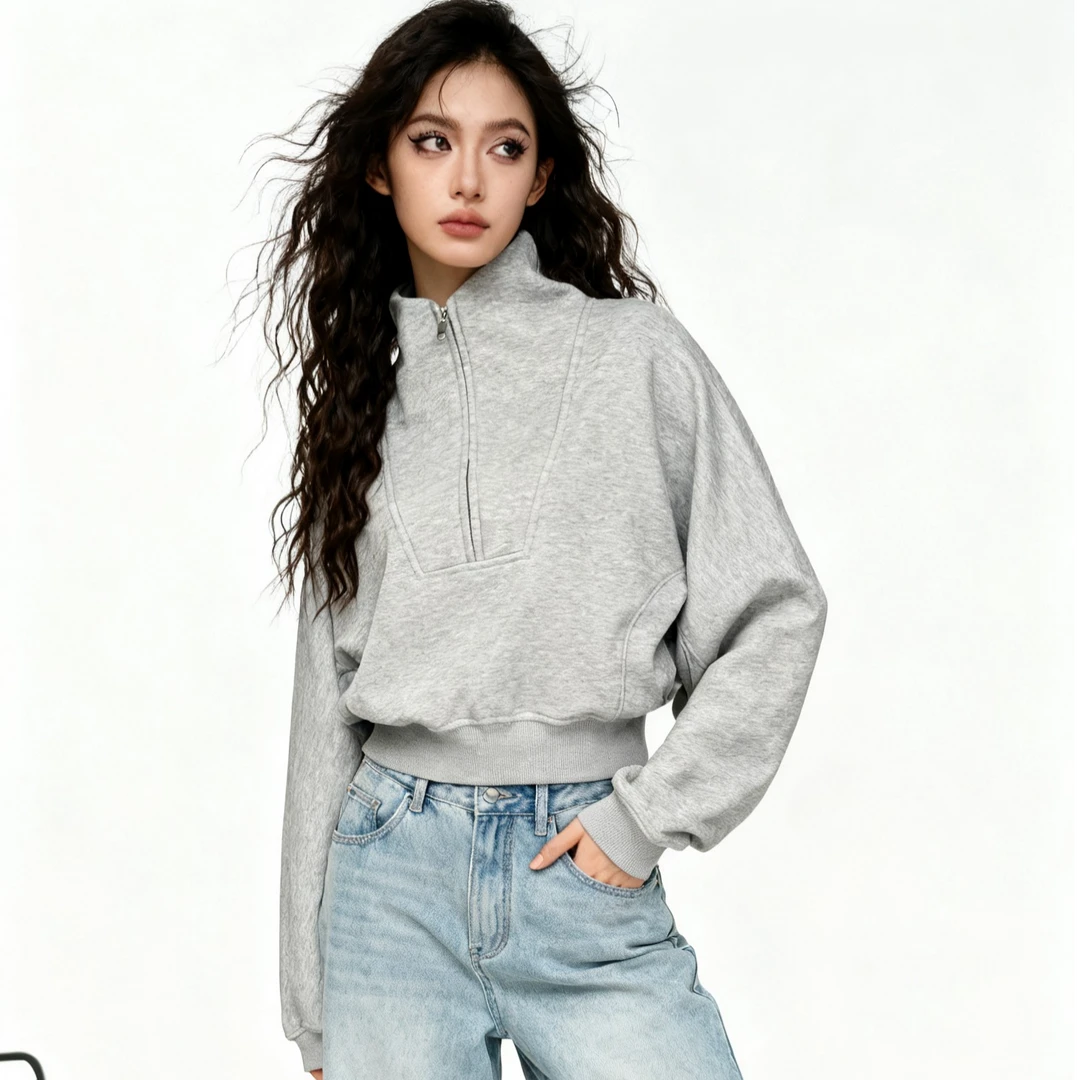 美式复古半拉链立领短款收腰卫衣女秋冬季流行爆款小个子高领外套