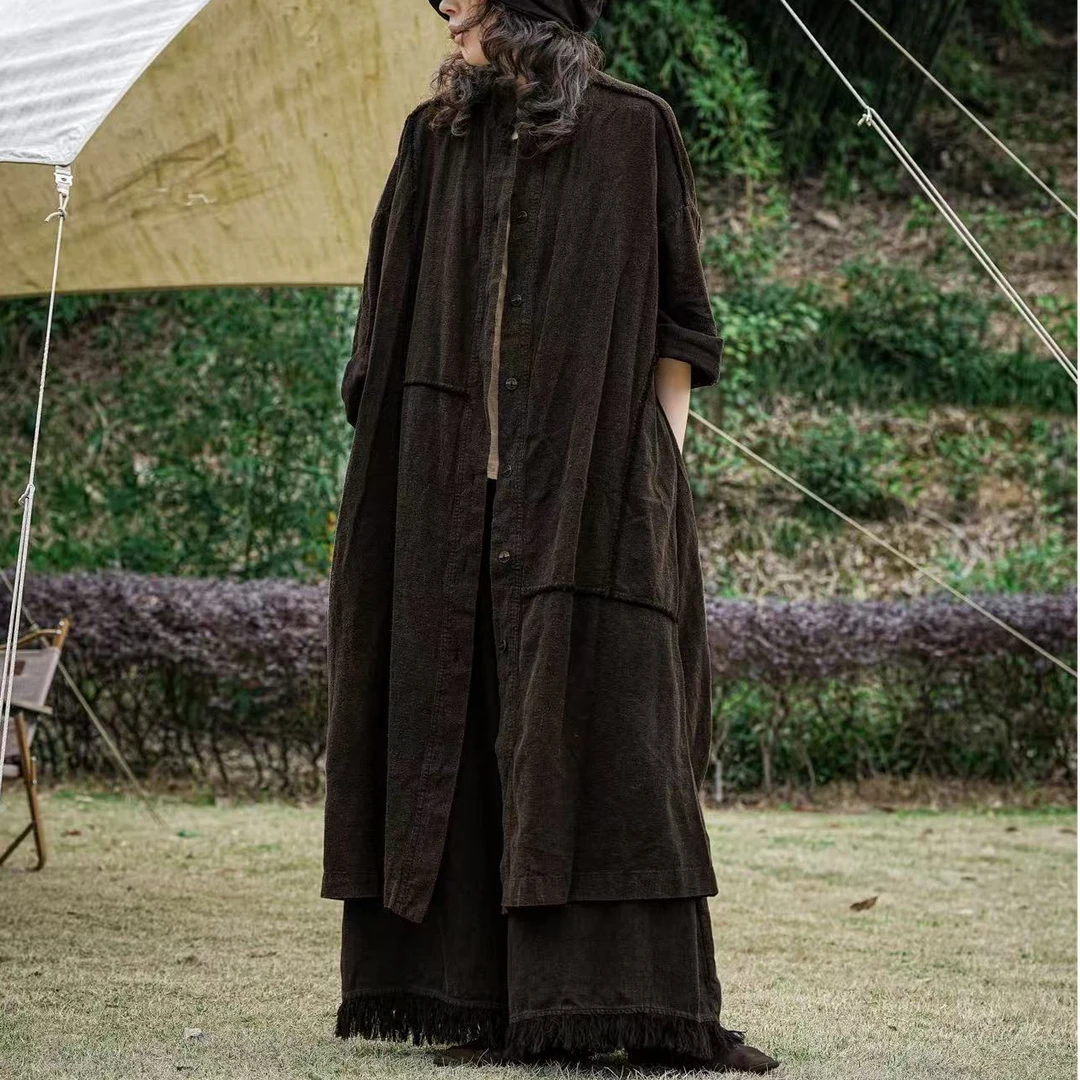 2025新款宽松中式文艺休闲百搭复古中长款衬衫亚麻长开衫08454