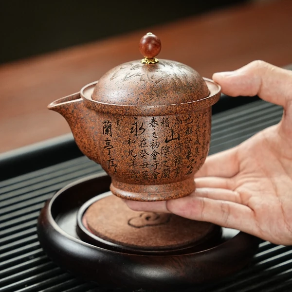 宜兴原矿龙骨金砂柴烧手工刻绘兰亭序紫砂手抓壶 LY