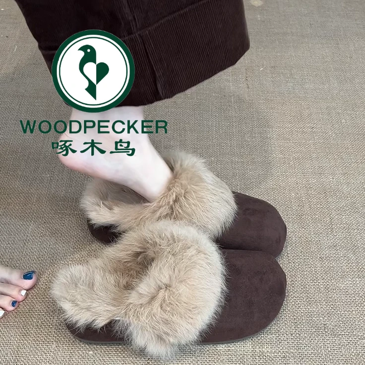 啄木鸟包头厚底毛毛半拖鞋女外穿2026冬季新款一脚蹬加绒勃肯棉鞋