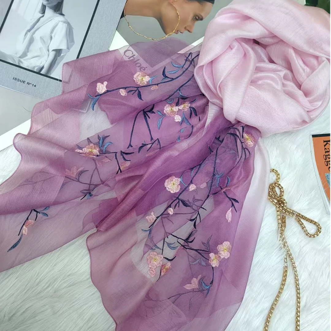 【渐变桃花-粉紫】 高档桑蚕丝羊毛丝巾 秋冬保暖刺绣款围巾
