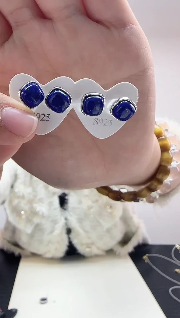 银S925镶嵌耳饰水晶青金耳钉33