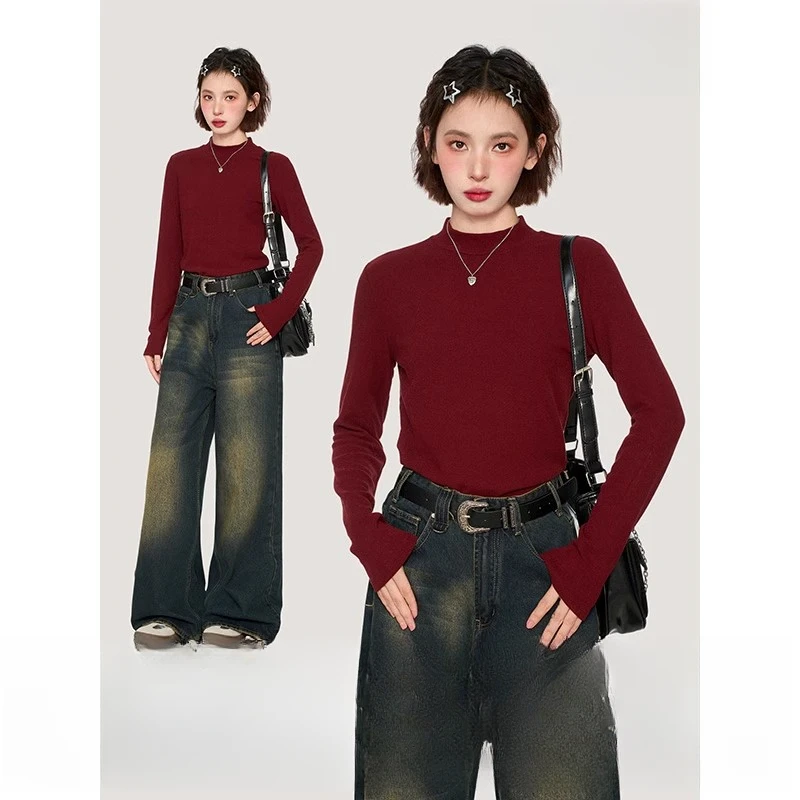 红色正肩圆领长袖t恤女春秋季修身内搭打底衫小个子2025新款上衣