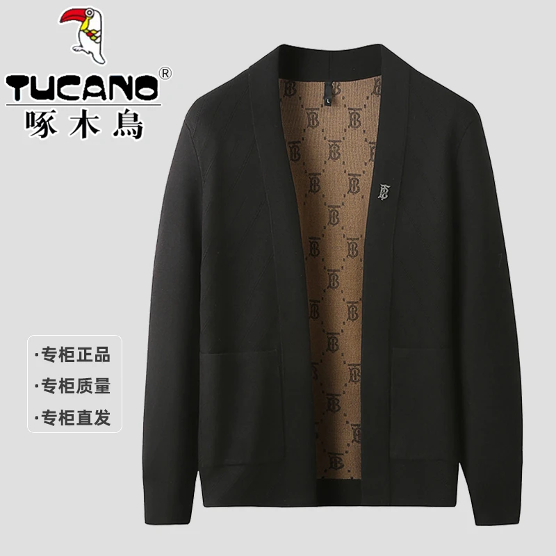 【 啄木鳥正品】新款男士提花拉链针织开衫外套韩版帅气条纹小西装