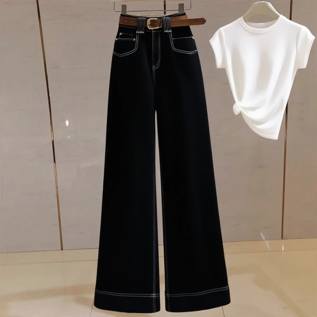 老钱风韩版时尚阔腿裤牛仔裤直筒百搭春季夏季高腰显瘦休闲裤