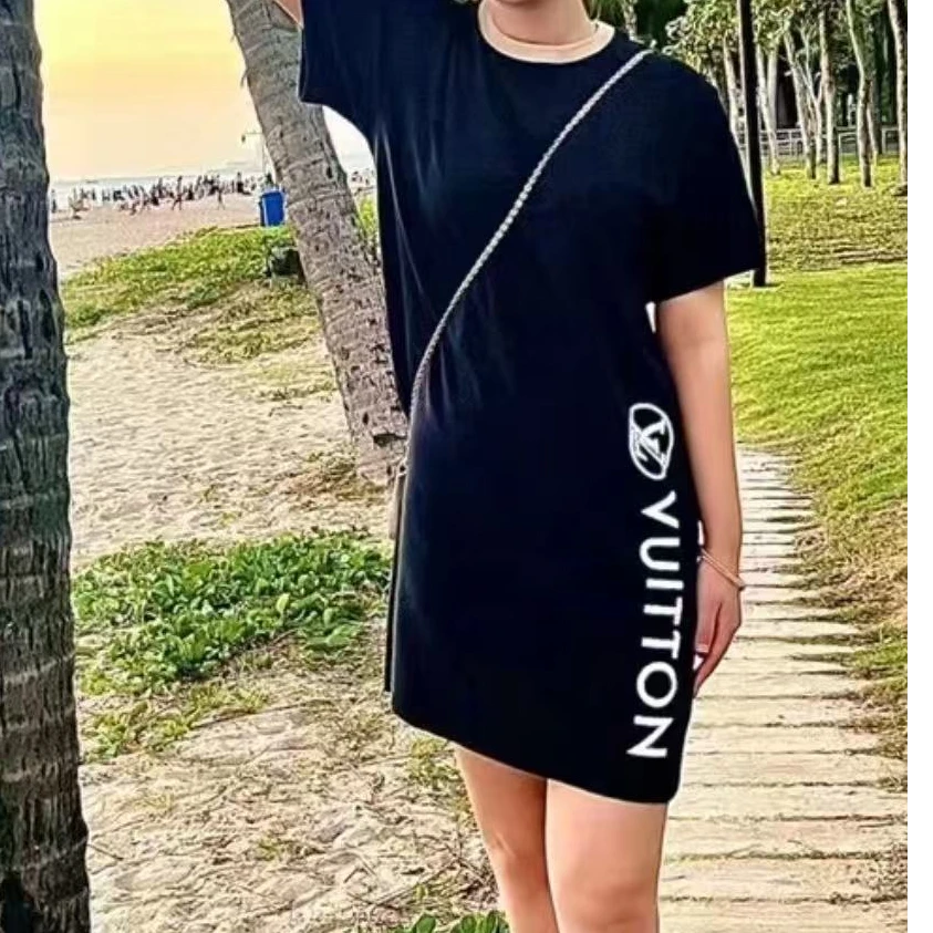未使用 LouisVuitton/路易威登 字母印花棉质圆领短袖连衣裙S