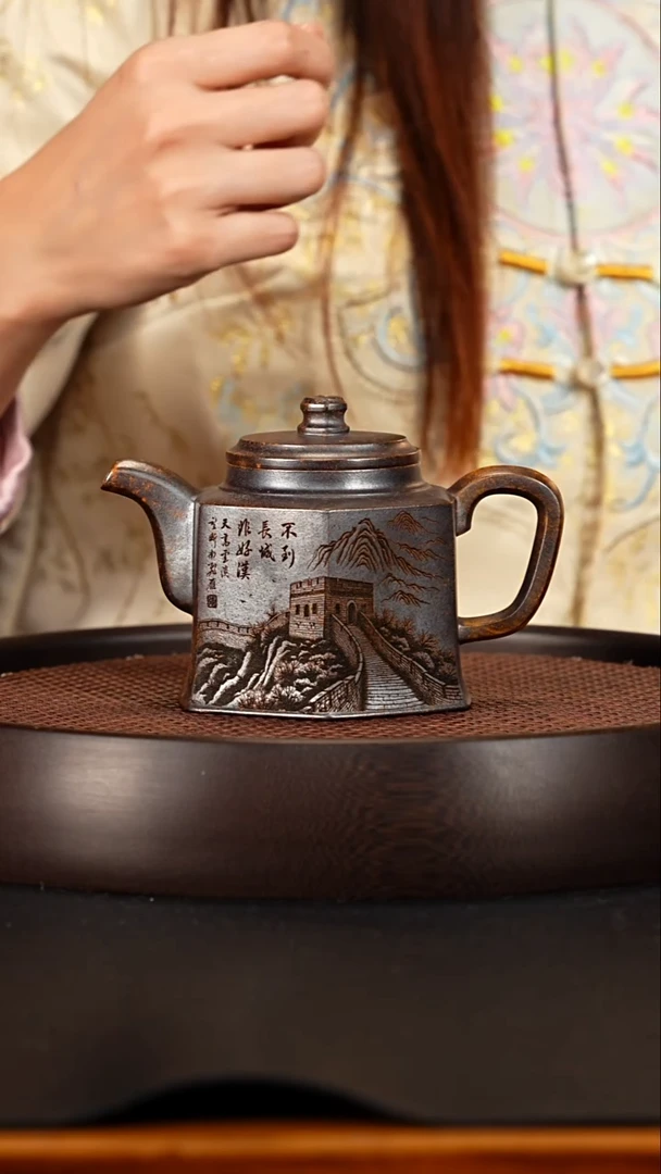 茶壶紫砂宜兴紫砂壶龙骨金砂柴烧六方宫灯300cc