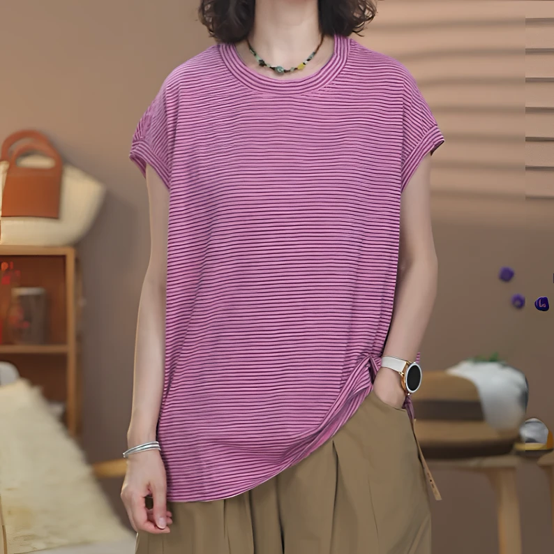 9529夏季新款休闲文艺透气时尚简约宽松百搭条纹圆领飞袖短袖T恤