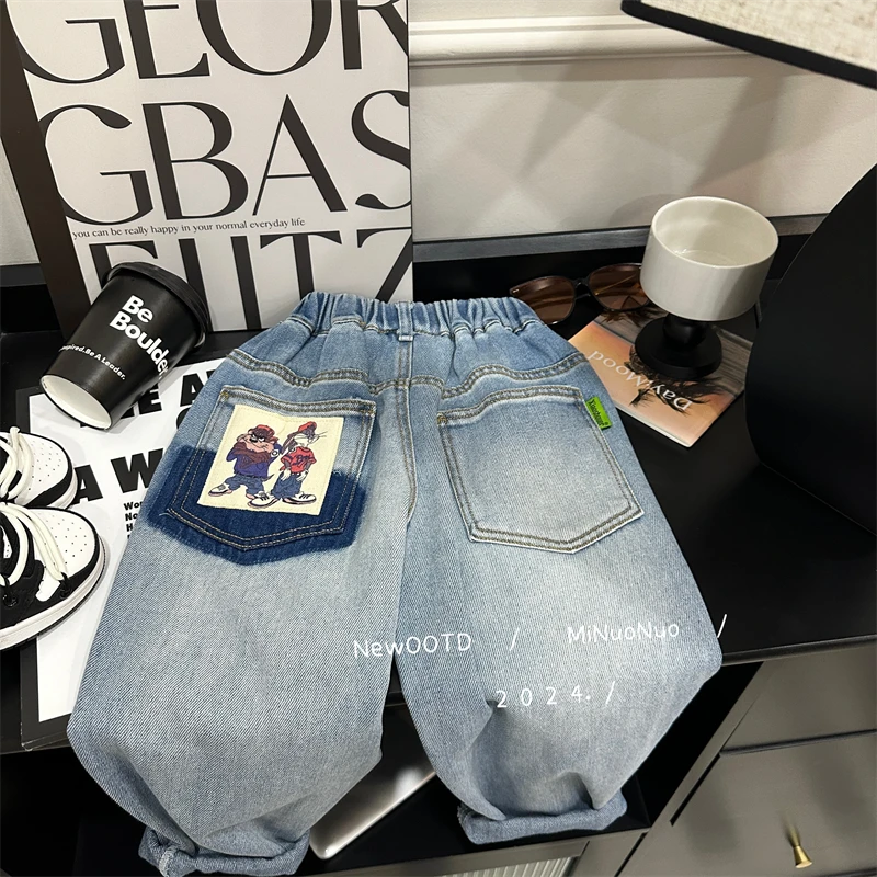 男童春季薄款潮气长裤宽松中小童自然腰皮筋带裤子时尚100其它材