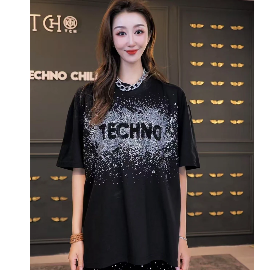 TCH轻奢满天星百搭烫钻时尚气质黑色T恤T75C10E9018私服tch