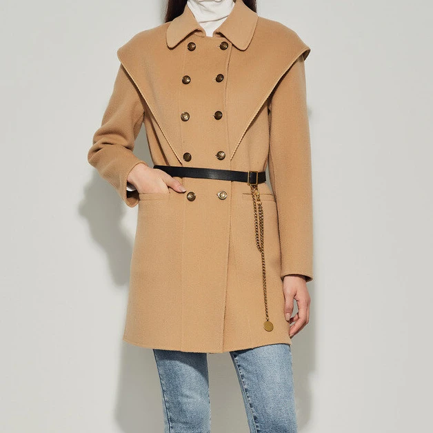 【伍莎-自营】双排扣纯色修身双面呢外套#VZA38B036