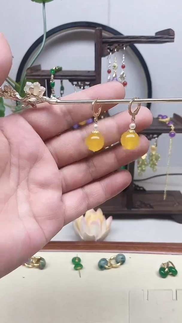 玛瑙/玉髓耳钉14K金镶嵌74号