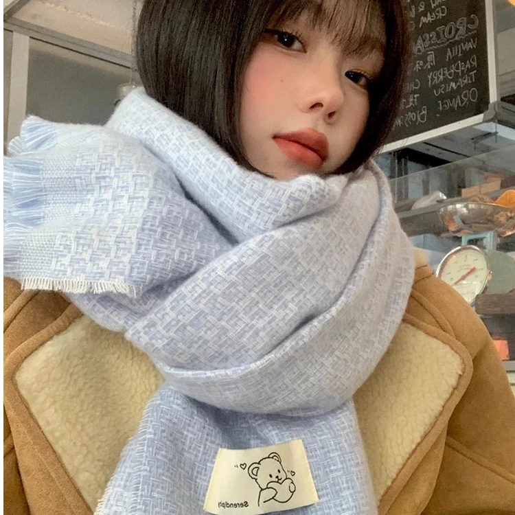 韩版小熊围巾女秋冬季可爱保暖百搭围脖披肩学生加厚纯色保暖围脖