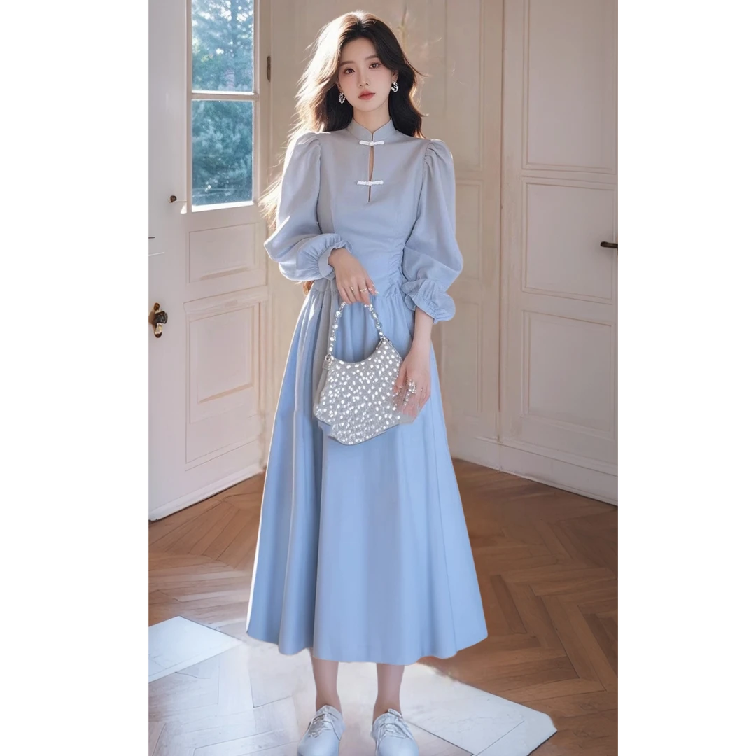 复古艺术生穿搭新中式蓝色收腰连衣裙夏季新款冷淡系独特别致裙子