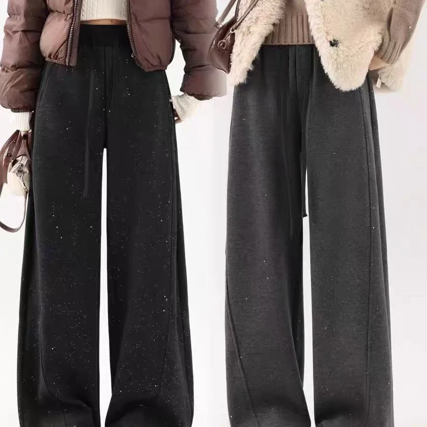 星空亮片羊绒阔腿裤女冬季新款小个子加绒裤子直筒拖地休闲弯刀裤