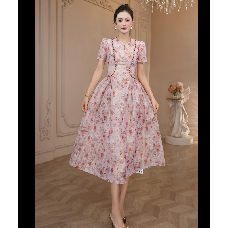 【思敏专属】新款气质复古优雅碎花收腰捏褶显瘦大摆连衣裙21778