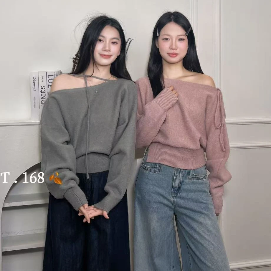韩国chic秋冬法式气质不规则斜领露肩宽松休闲百搭系带长袖毛衣女