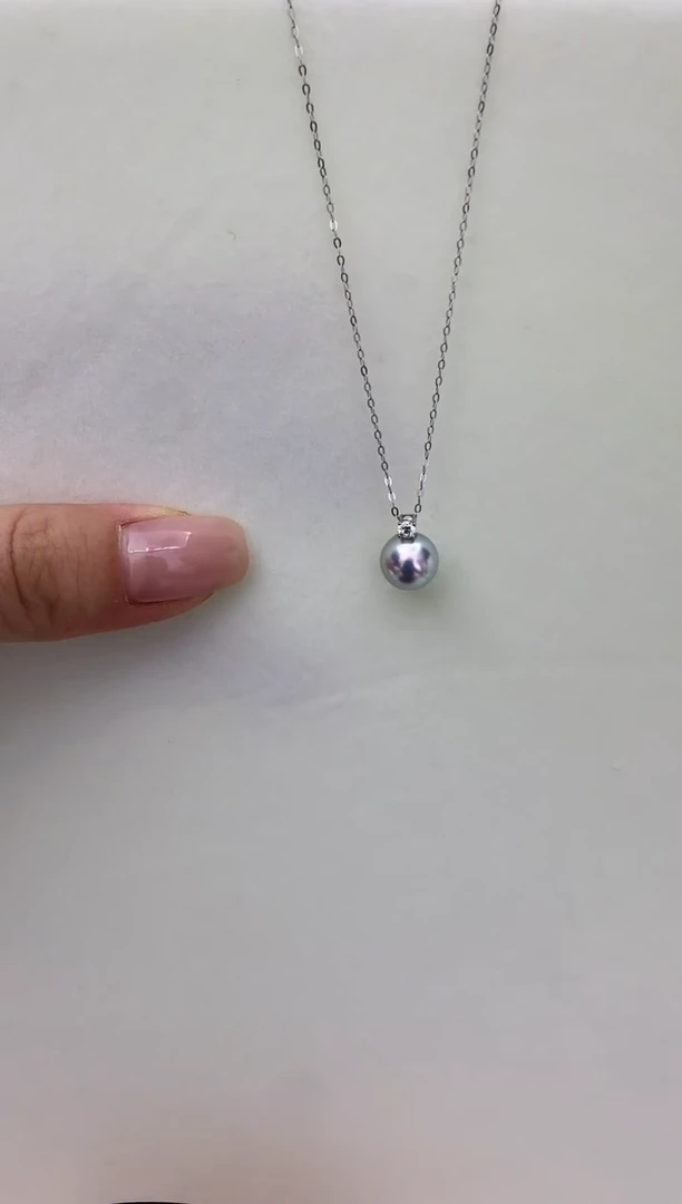 18K金镶嵌DA海水珍珠 灰珠带钻吊坠8.5-9MM王妃款 GD080