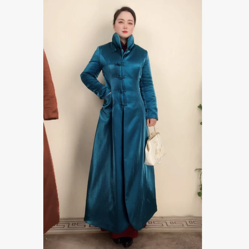 蓝色长款加厚冬款新中式外套大衣