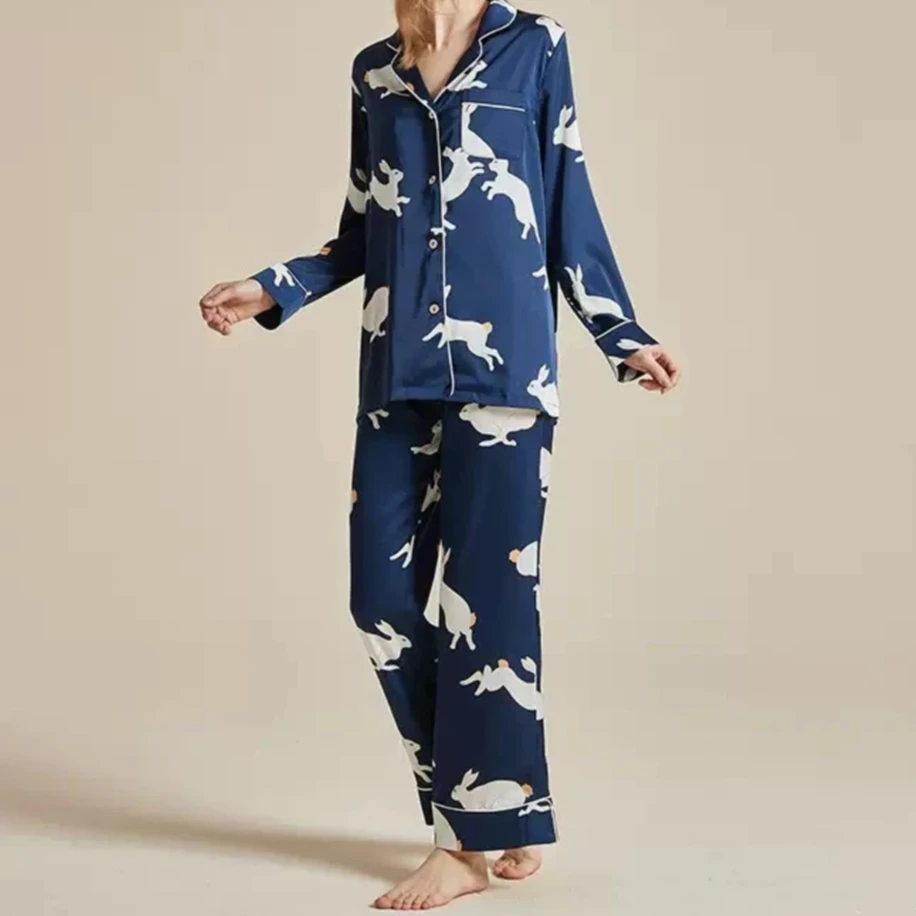 DAVINCIART睡衣女款2025新款云间玉兔翻领春秋女睡衣家居服套装