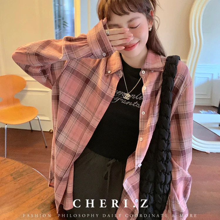 CHERI.Z草莓巧克力浪漫复古显瘦衬衣感粉秋季小众长袖棕格纹衬衫
