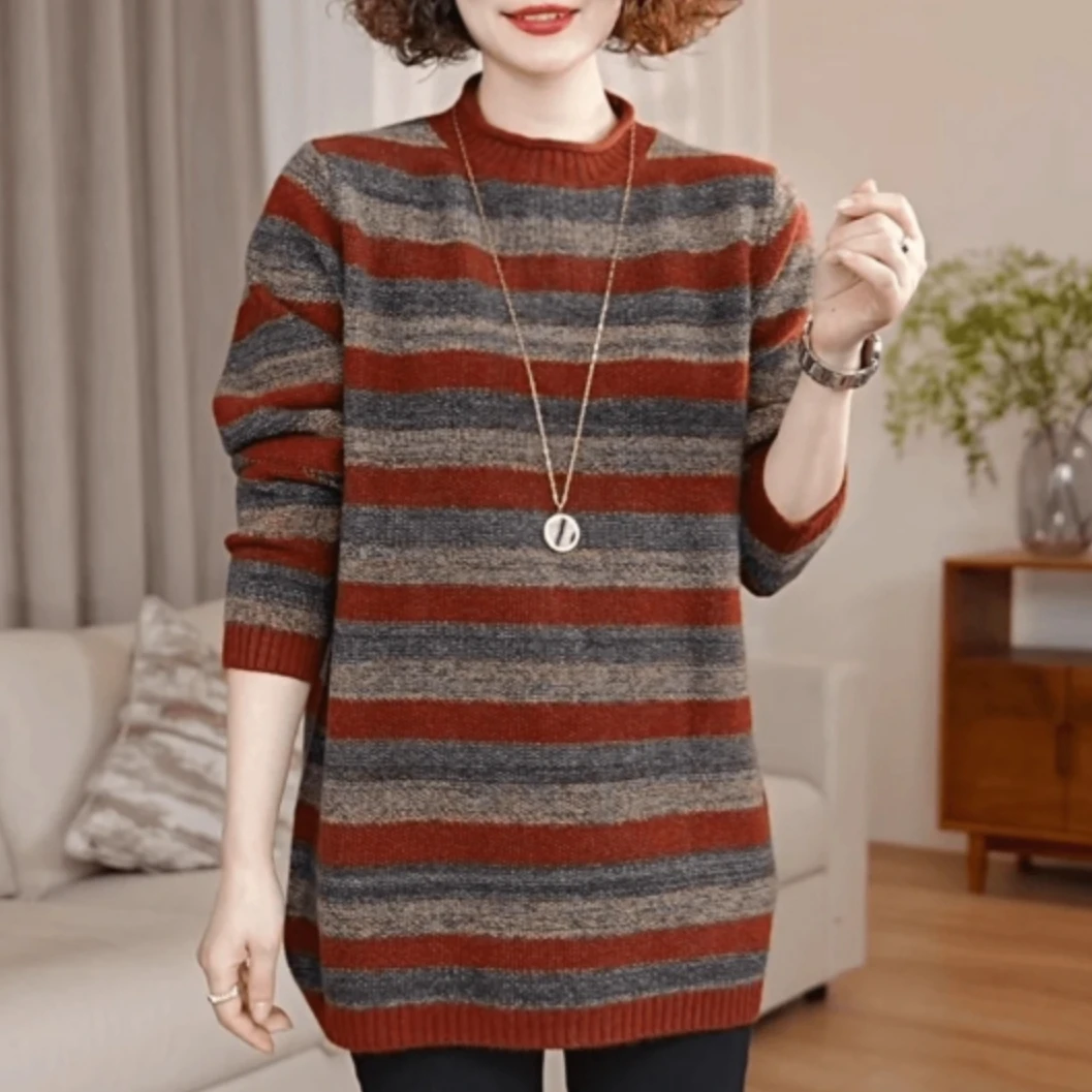 冬季时尚女装针织衫保暖衣2025新款百搭拼色大码休闲中老年妈妈装