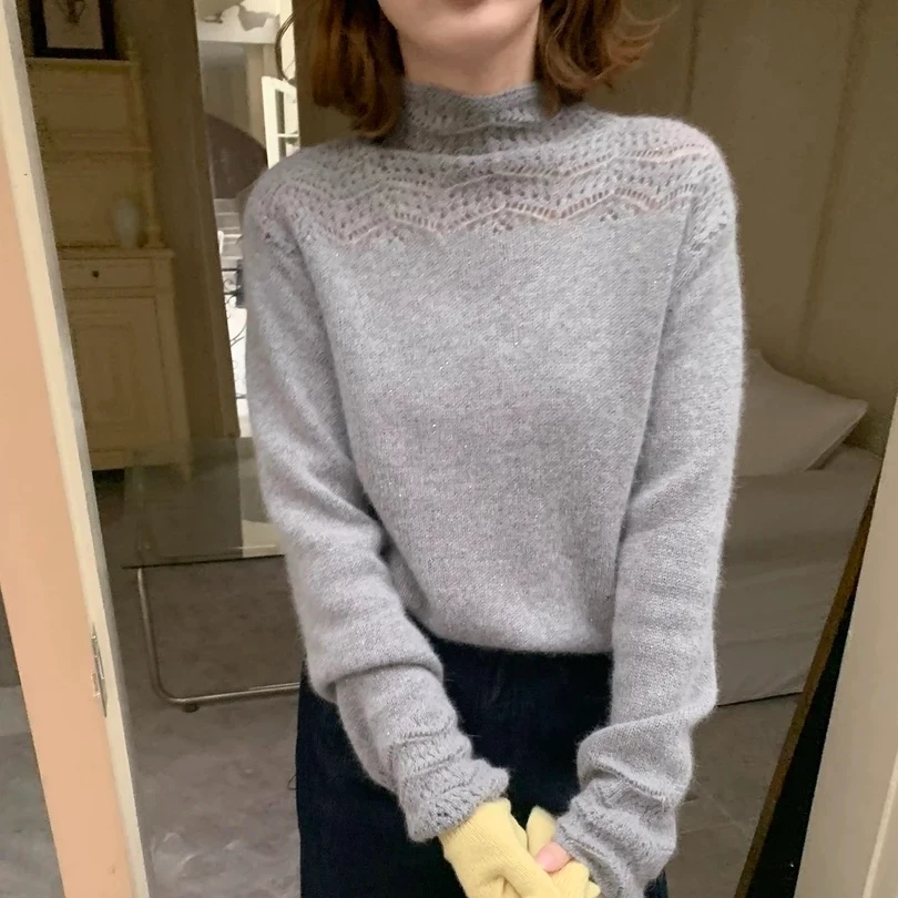 【镂空钩花半高领】柔软亲肤内搭时尚宽松慵懒针织打底衫女毛衣