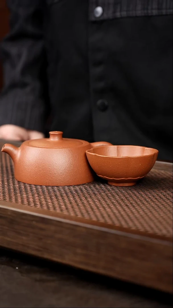 茶壶紫砂红降坡井栏+红降坡菱花杯