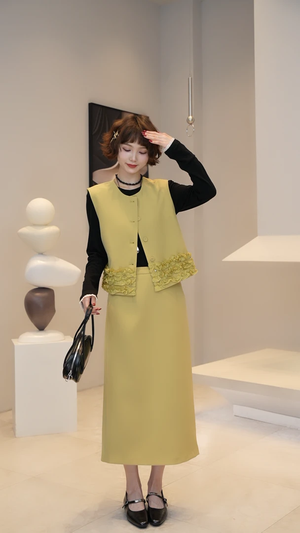 现现【薇薇绮】2025早春时尚套装针织复古无袖马甲半身裙两件套A14