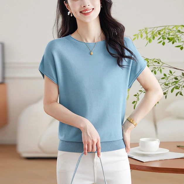 100天丝短袖T恤衫洋气百搭女士夏季薄款圆领针织上衣宽松