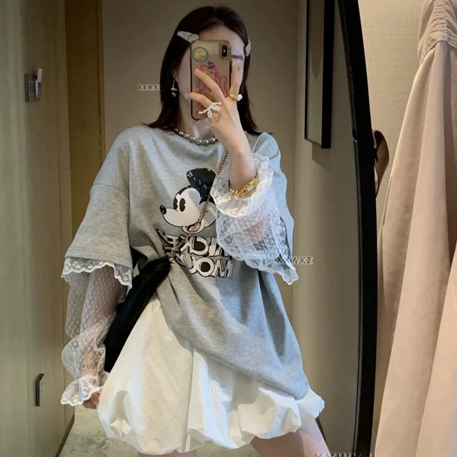 假两件蕾丝拼接灰色长袖t恤女夏季2025新款宽松大码胖mm纯棉上衣