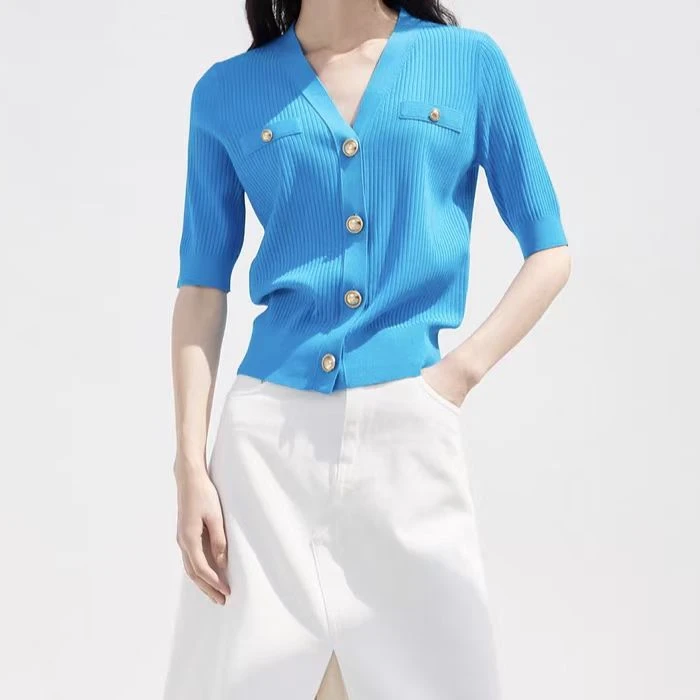 短袖标准毛针织衫时尚简约衬衫上衣设计感纯色v领条纹3228