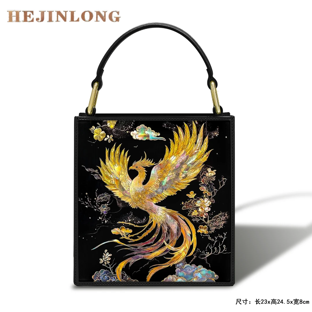 民族风螺钿、刺绣凤凰山水手提包，