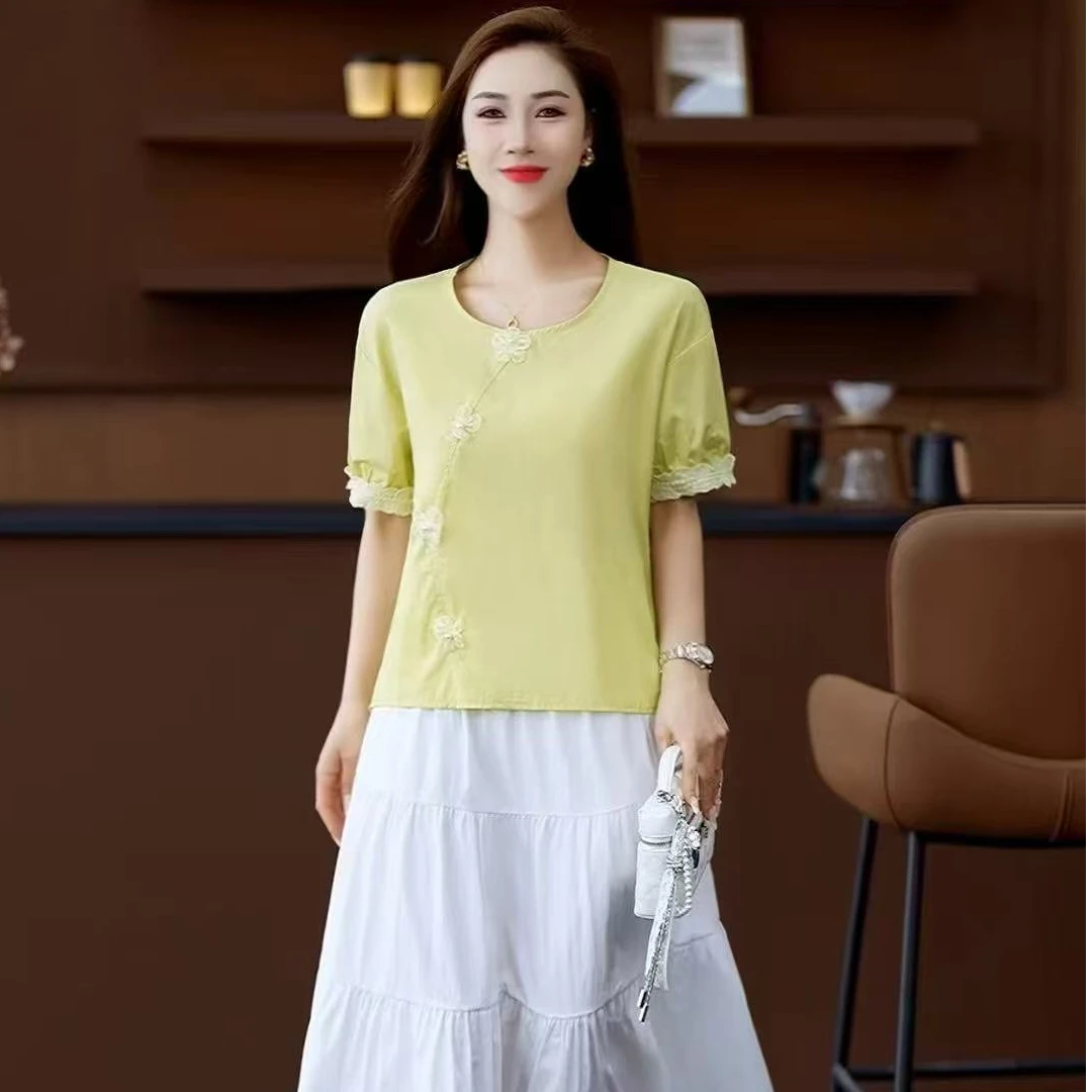 【慕妍专属】2510（衣长前53后65）洋气复古国韵花边短袖衬衫