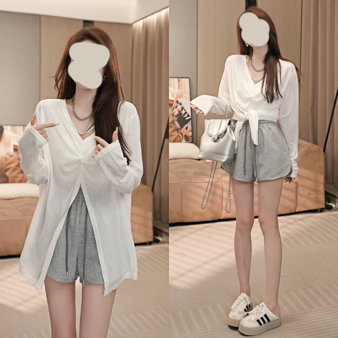 休闲百搭慵懒风套装女条纹防晒t恤夏季新款阔腿短裤洋气两件套