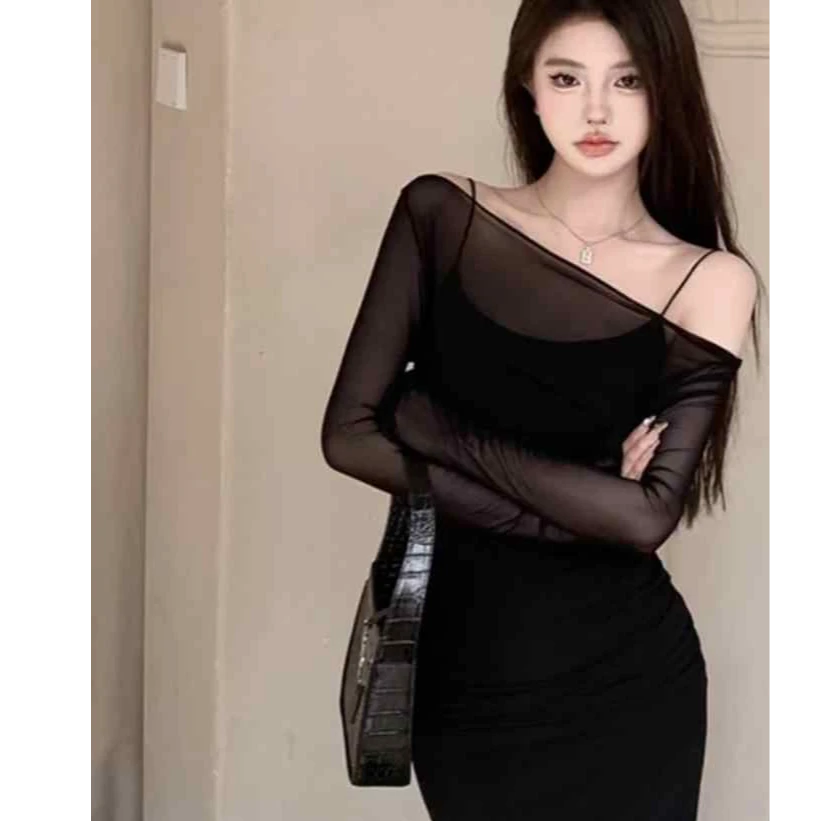 性感吊带连衣裙女夏季御姐风长袖网纱罩裙包臀鱼尾长裙叠穿两件套