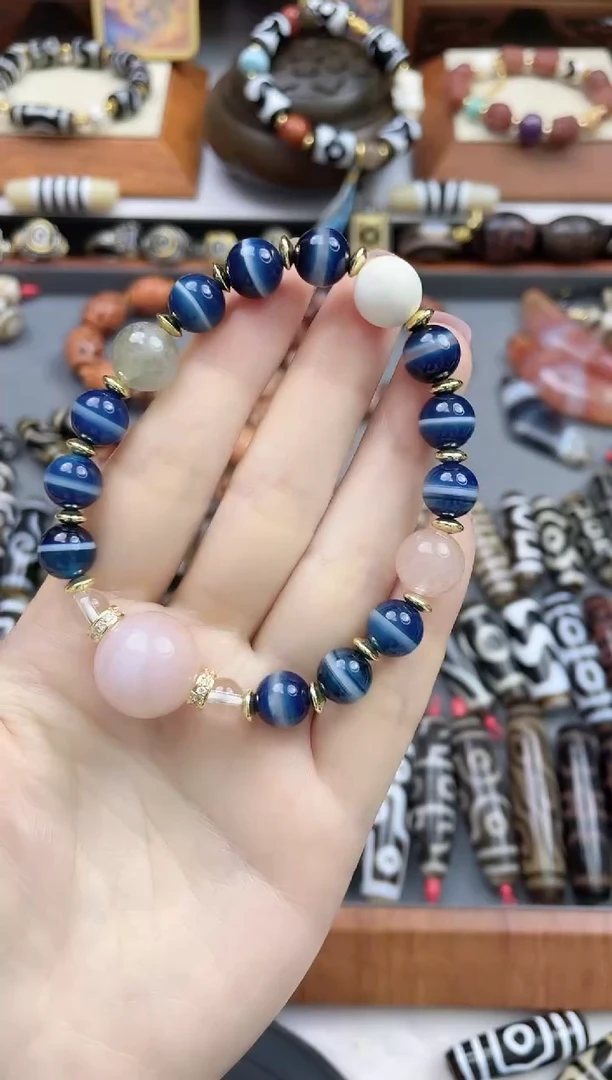 玛瑙/玉髓手串未镶嵌粉肉圆珠蓝沁设计款手串