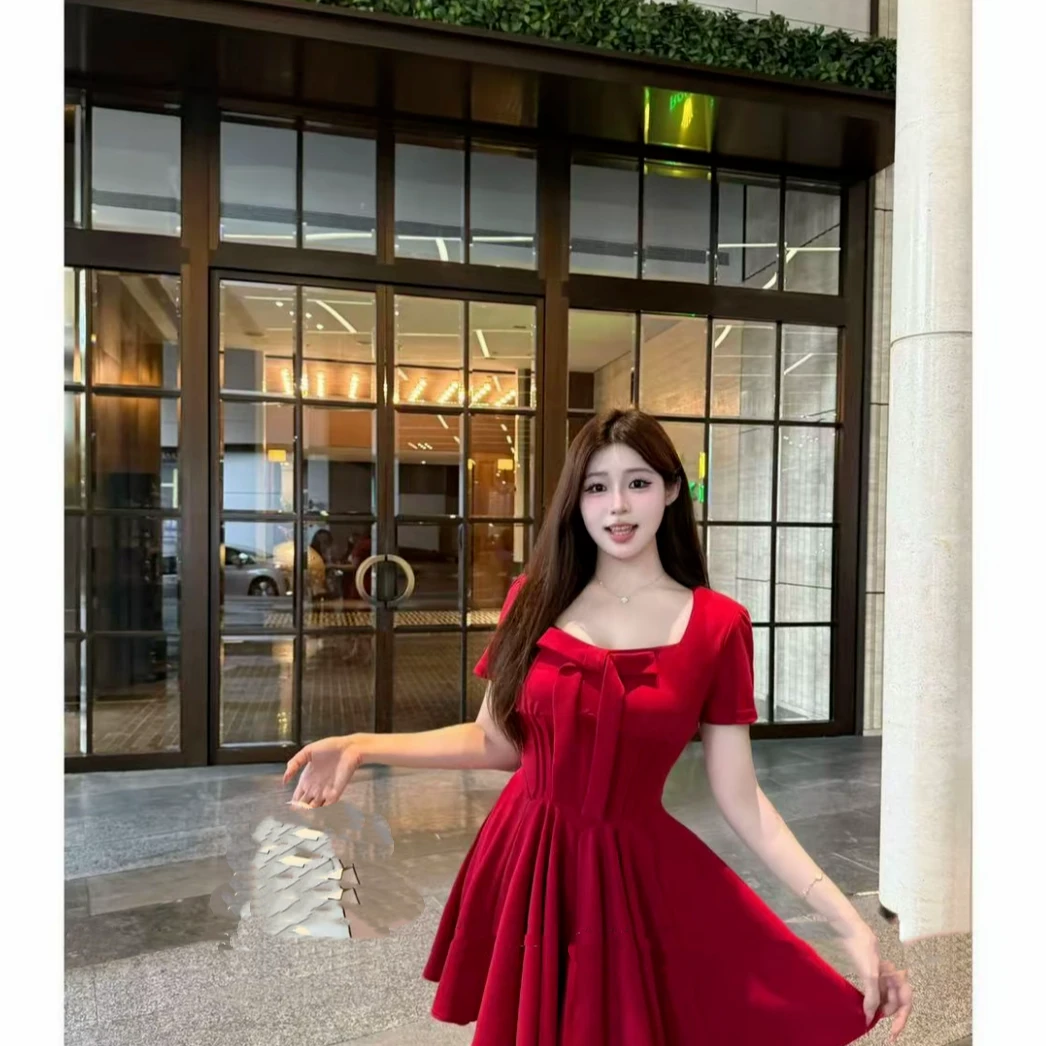 （三火家）《玫瑰之夏》富家千金红色蝴蝶结V领长裙+短裙2529+2529-1