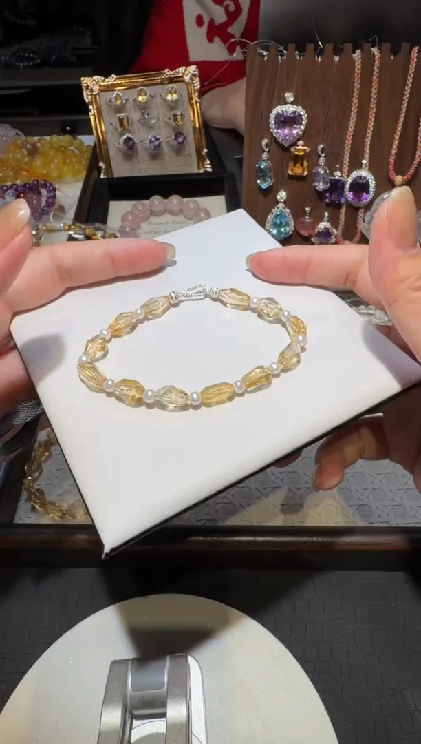 未镶嵌手链黄晶巴西黄水晶珍珠手串(无胶)