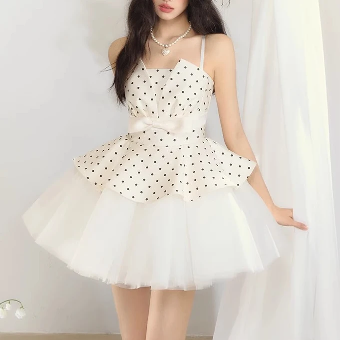 法式波点拼接网纱连衣裙女夏季名媛千金芭蕾风收腰蓬蓬公主短裙子