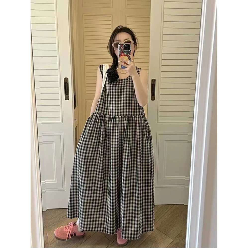 新款格子连衣裙麻棉无袖圆领背心裙宽松长款A字裙子叠穿连衣裙