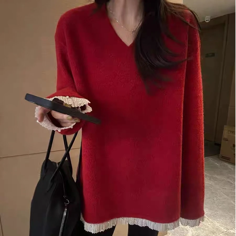 2024秋冬新款中长款蕾丝下摆V领正肩打底衫