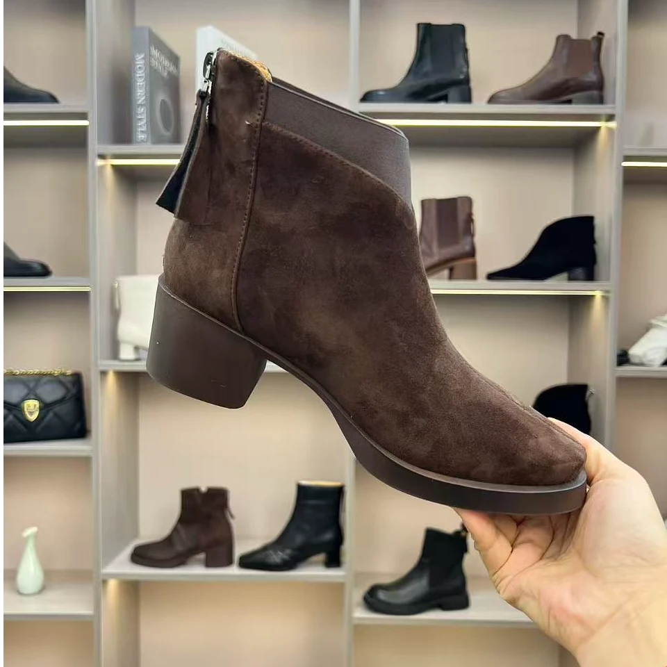 5CM-羊皮圆头粗跟秋冬中跟短靴女士鞋子舒适马丁靴真皮新款瘦瘦靴